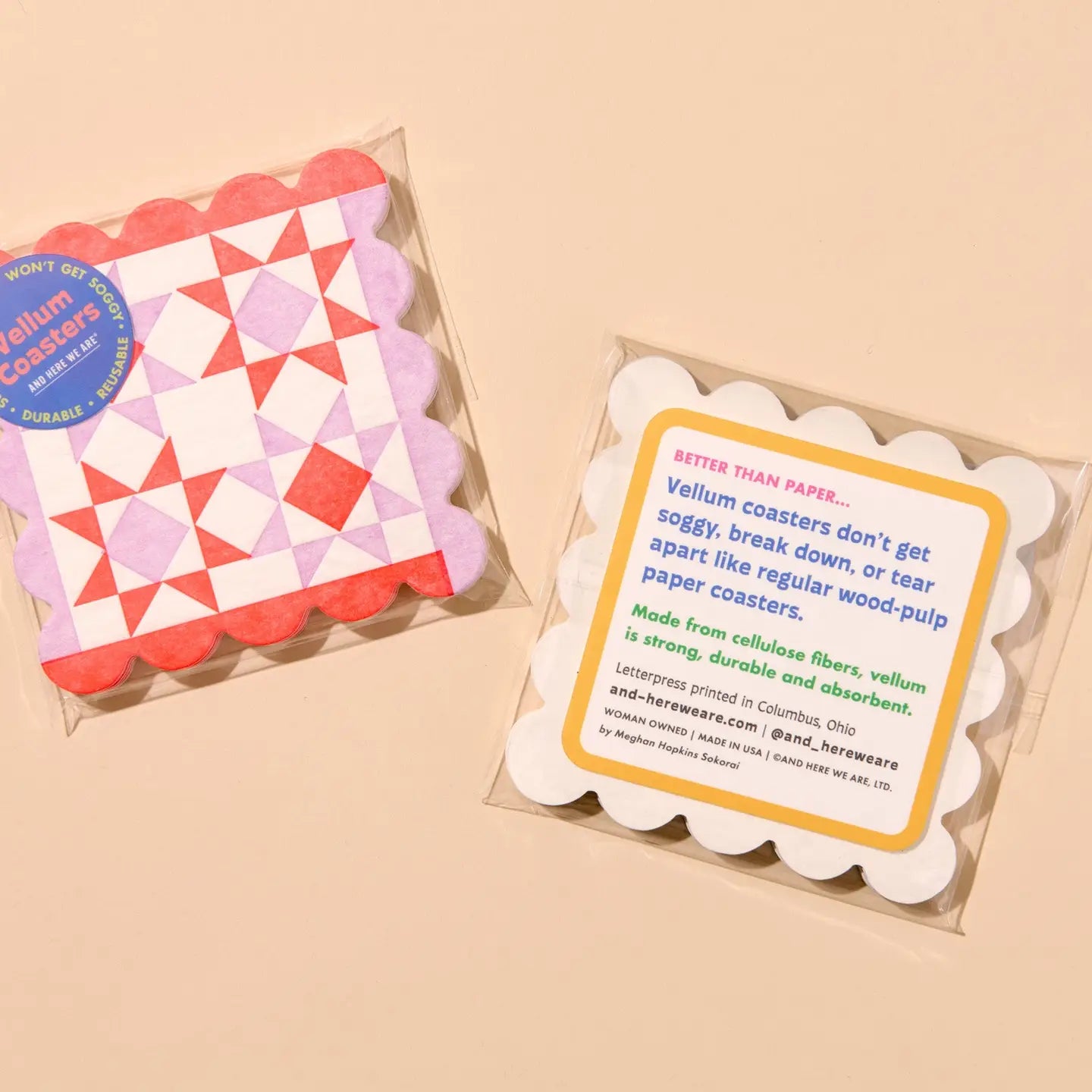 Packaged vellum coasters with a colorful label on a beige background