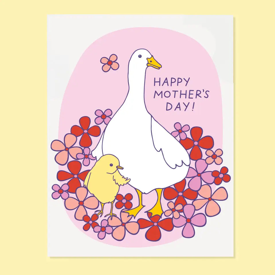 White greeting card with an illustration of a duck and duckling around flowers. Text: happy Mother’s Day!