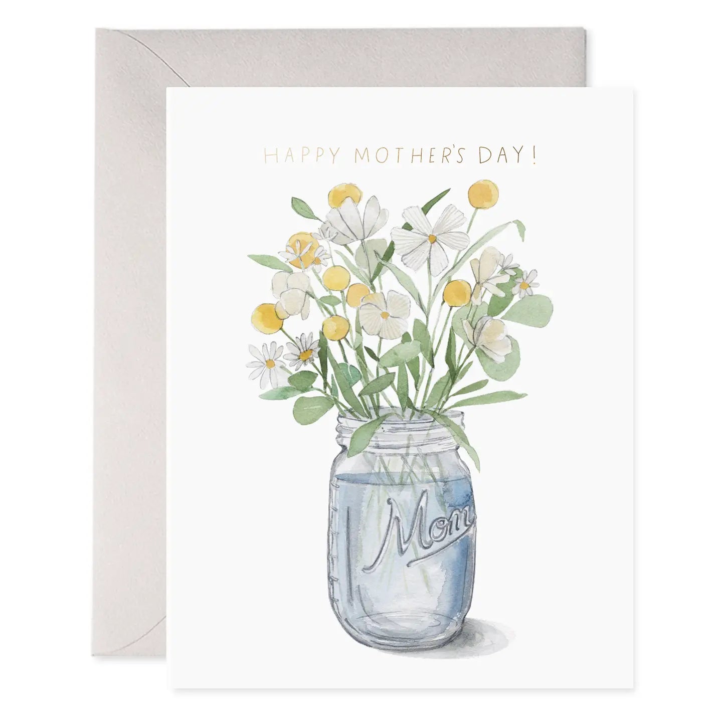 White greeting card with illustration of flowers in a mason jar. Text: happy Mother’s Day!