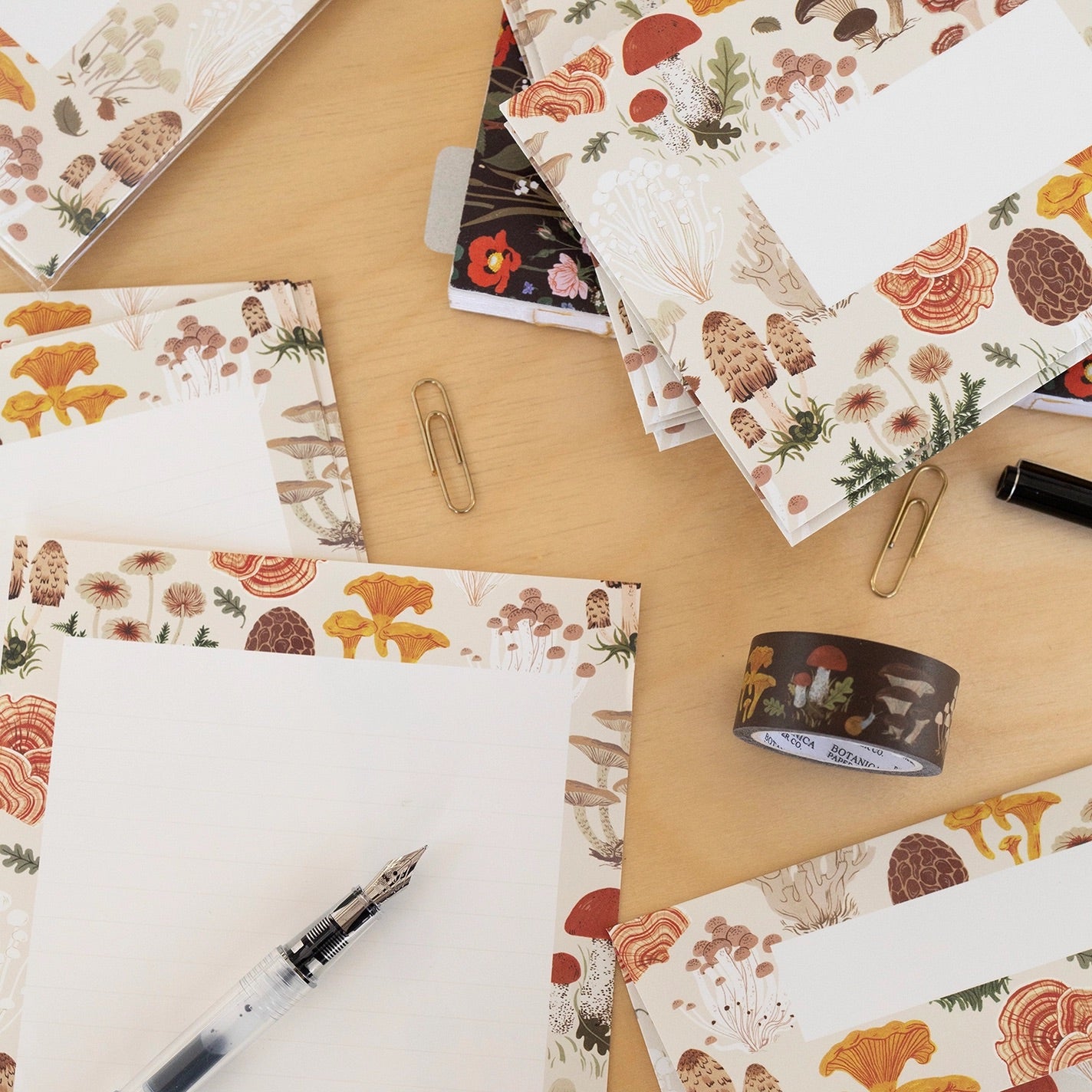 Close up view of mushroom letter writing set