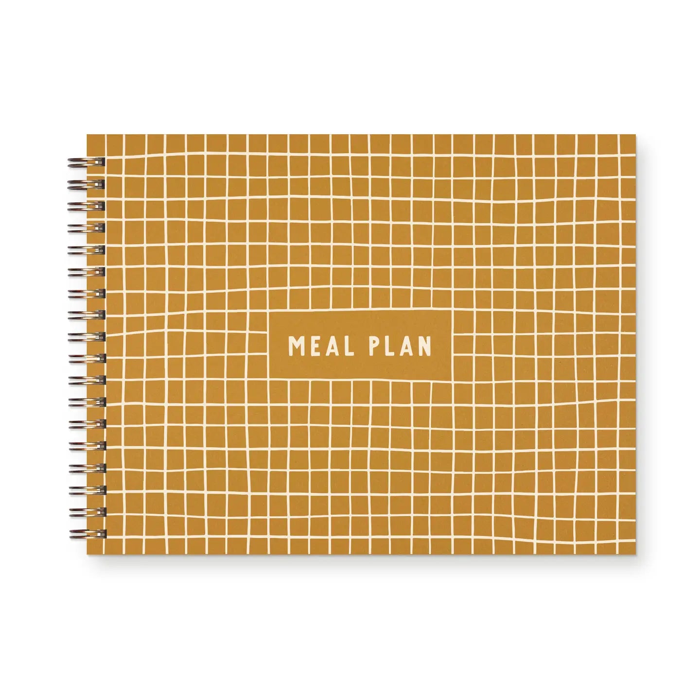 Front cover of spiral meal planner. Mustard color with white grid lines. Meal plan white text
