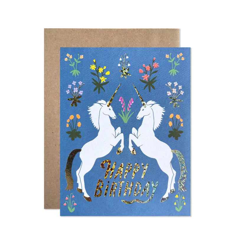 Greeting card with unicorns and flowers on a blue background