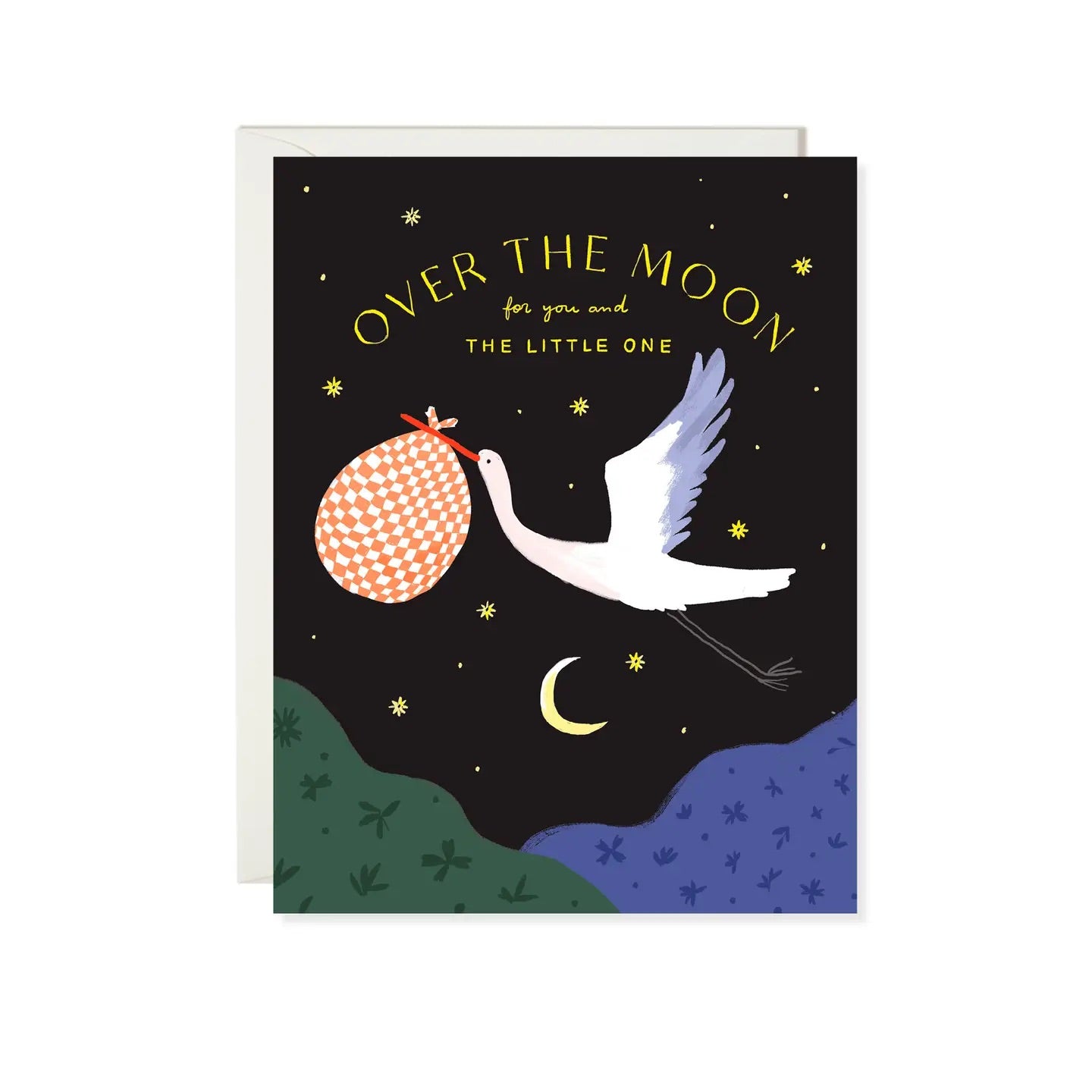 White greeting card with full color black background. Illustration of a stork and moon. Yellow text “over the moon for you and the little one”