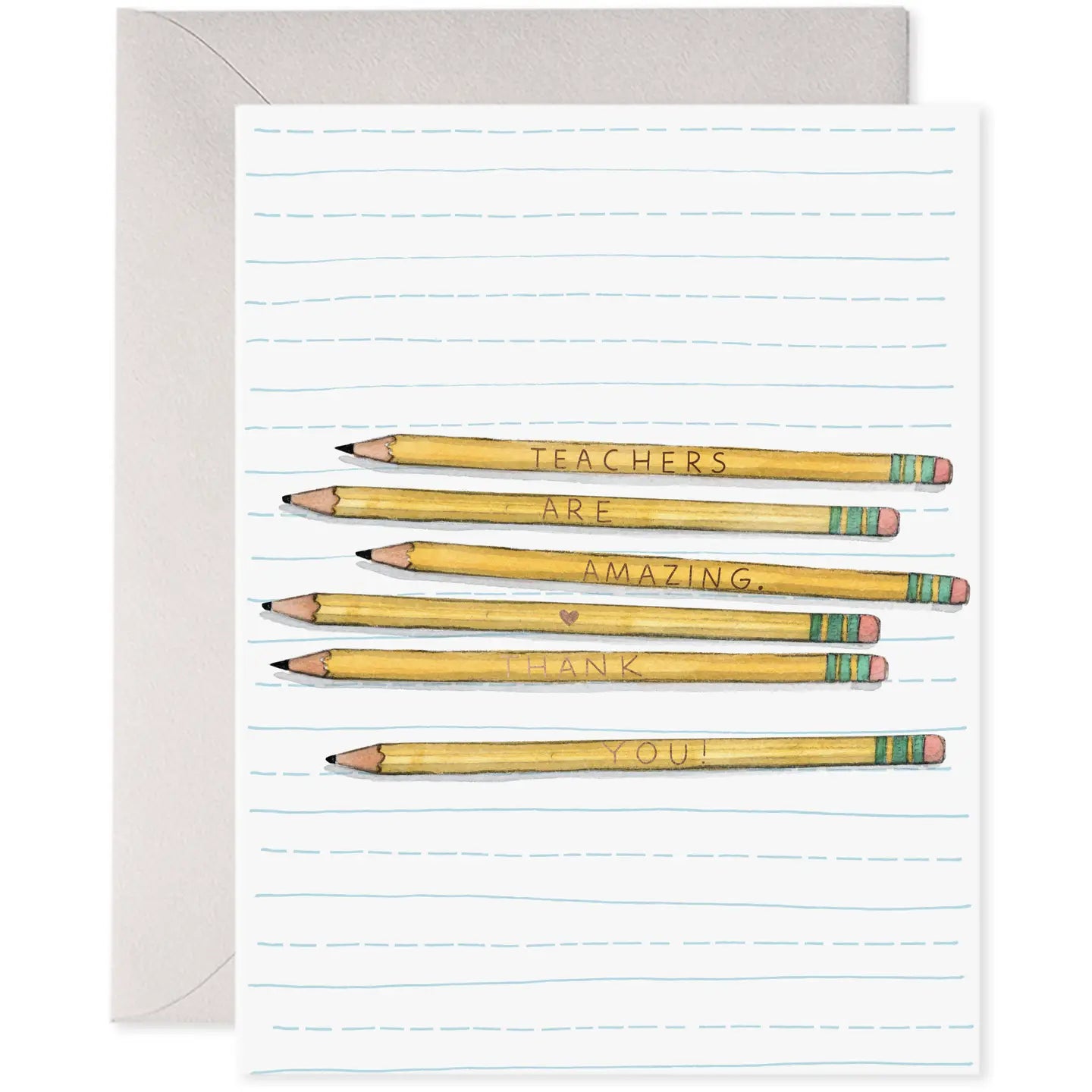 White greeting card with lined paper background and pencil illustrations. Text on pencils: teachers are amazing thank you!