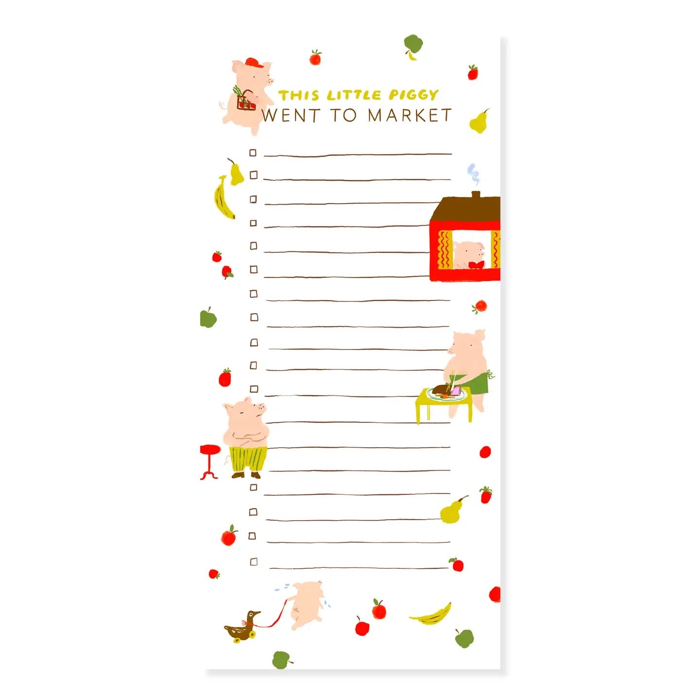 White notepad list with black lines. Illustrations of produce and pigs. Top text “this little piggy went to market”