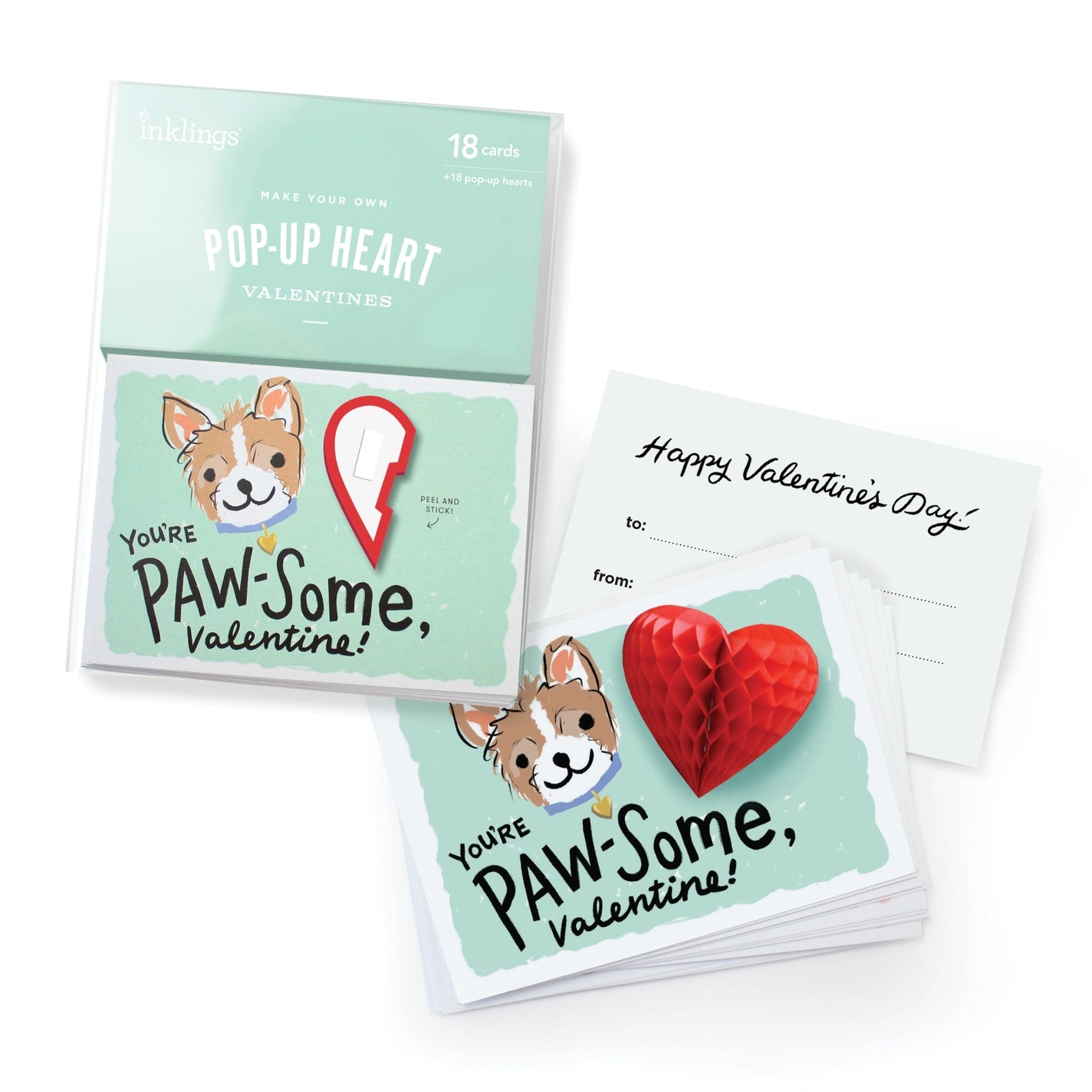 Boxed set of valentines featuring a dog and a red heart. Black text “you’re paw-some valentine”