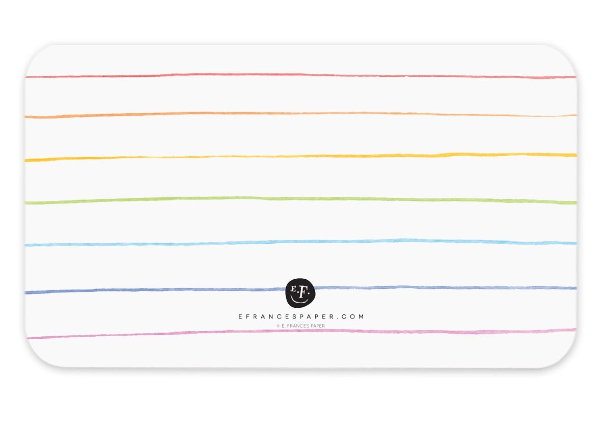 Back view of notecard. Rainbow line pattern