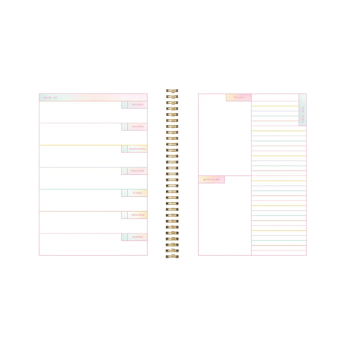 Inside monthly view of planner. Left side has space for each week and right side has space for notes and priorities