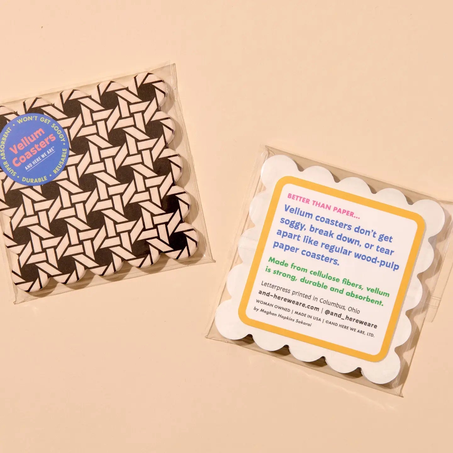 Vellum coasters in packaging with a descriptive card on a beige background