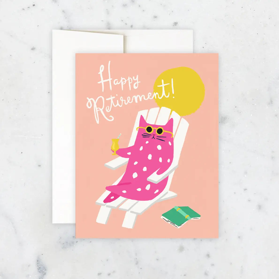 White card with full color salmon pink background. Illustration of a hot pink cat lounging in a deck chair. White text “happy retirement!”
