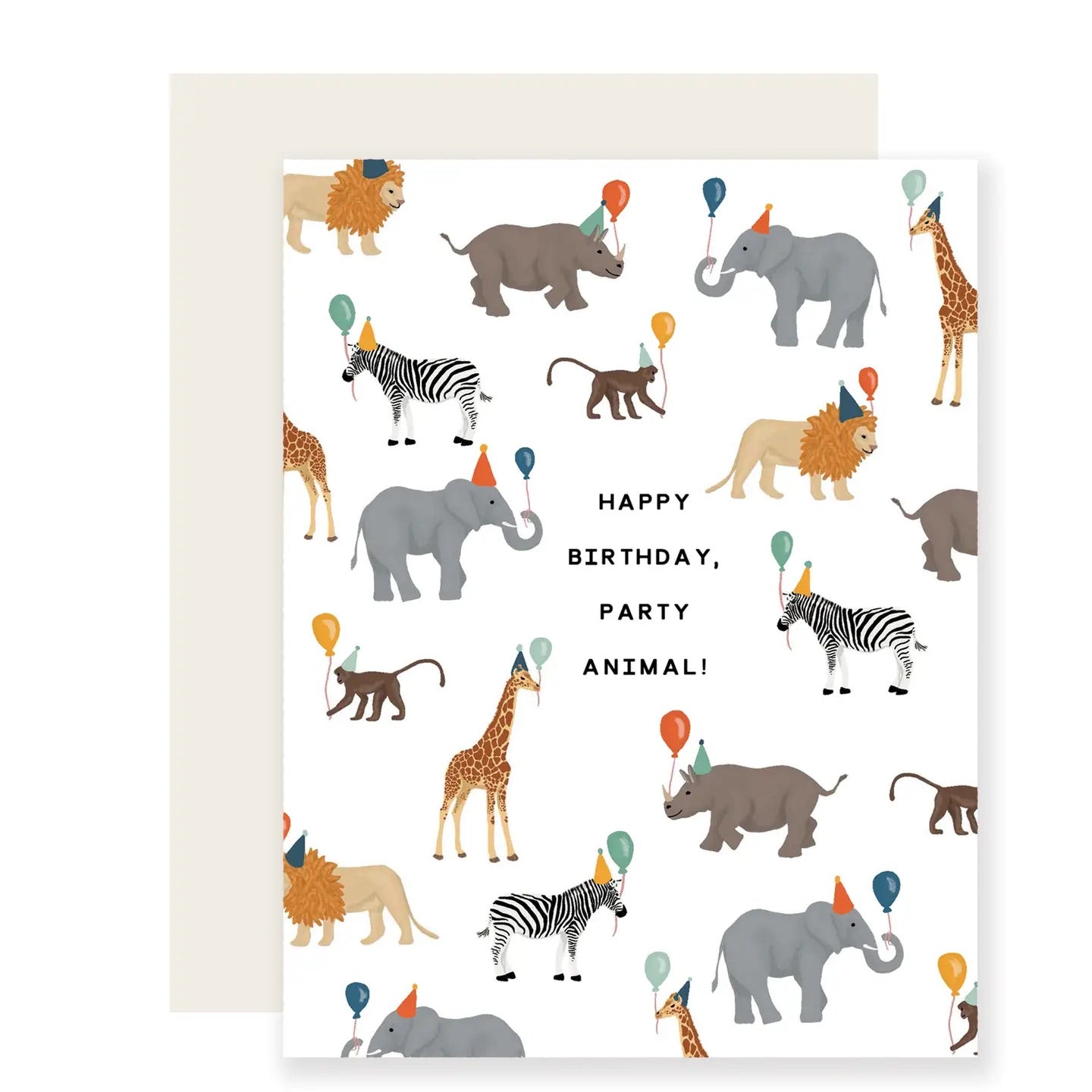 White greeting card with illustrations of safari animals. Black text “happy birthday, party animal!”