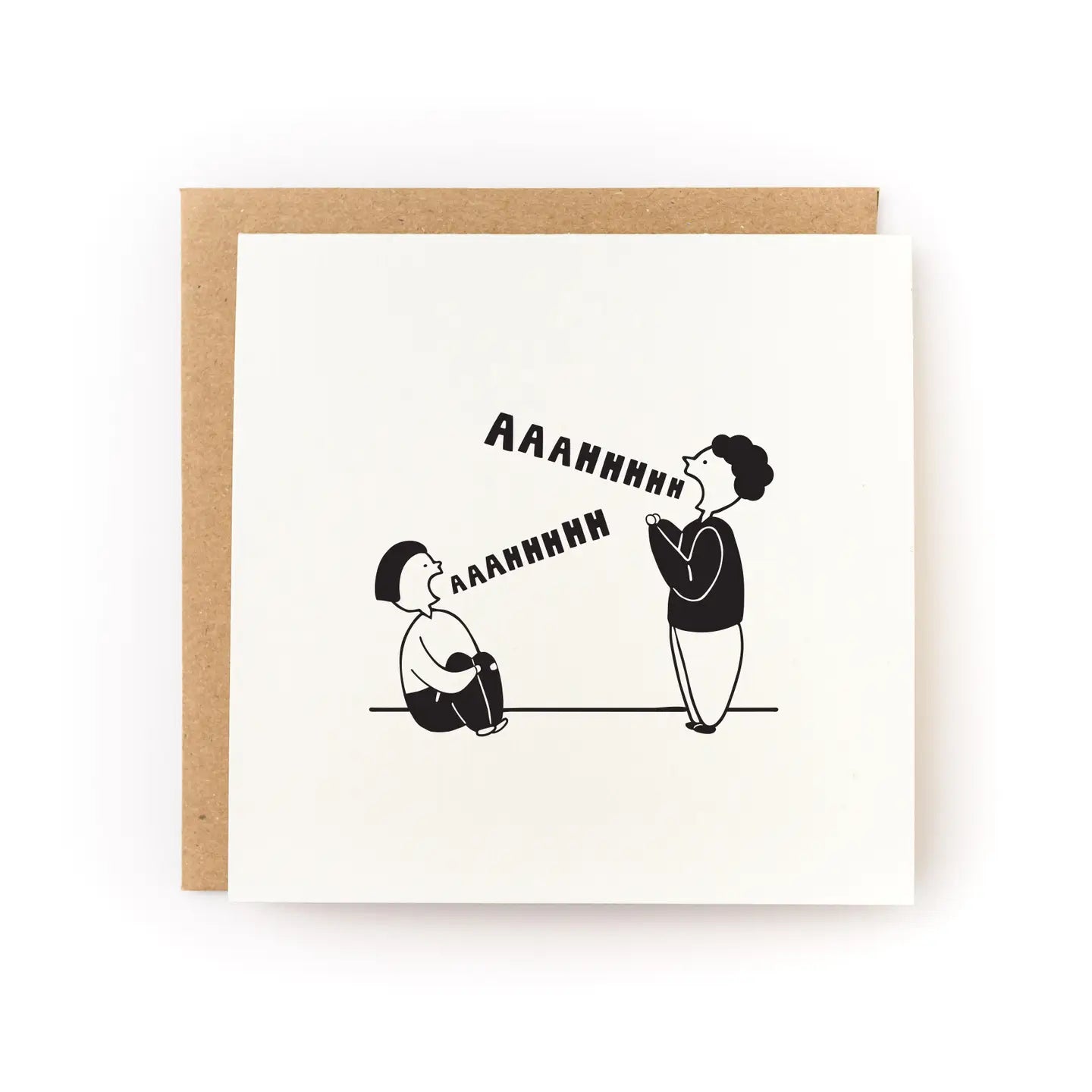 White greeting card with an illustration of two people screaming “aaah”