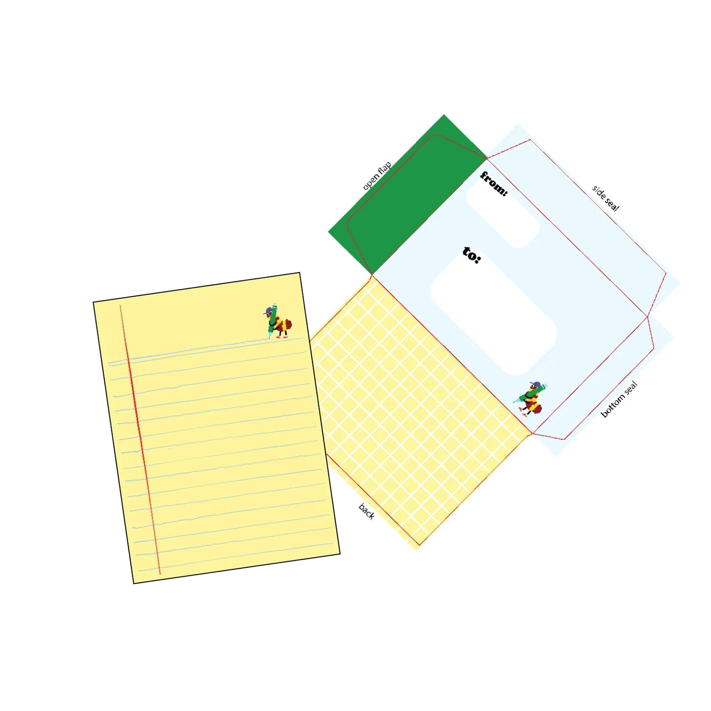 Letter writing set featuring a lined yellow sheet and blue envelope