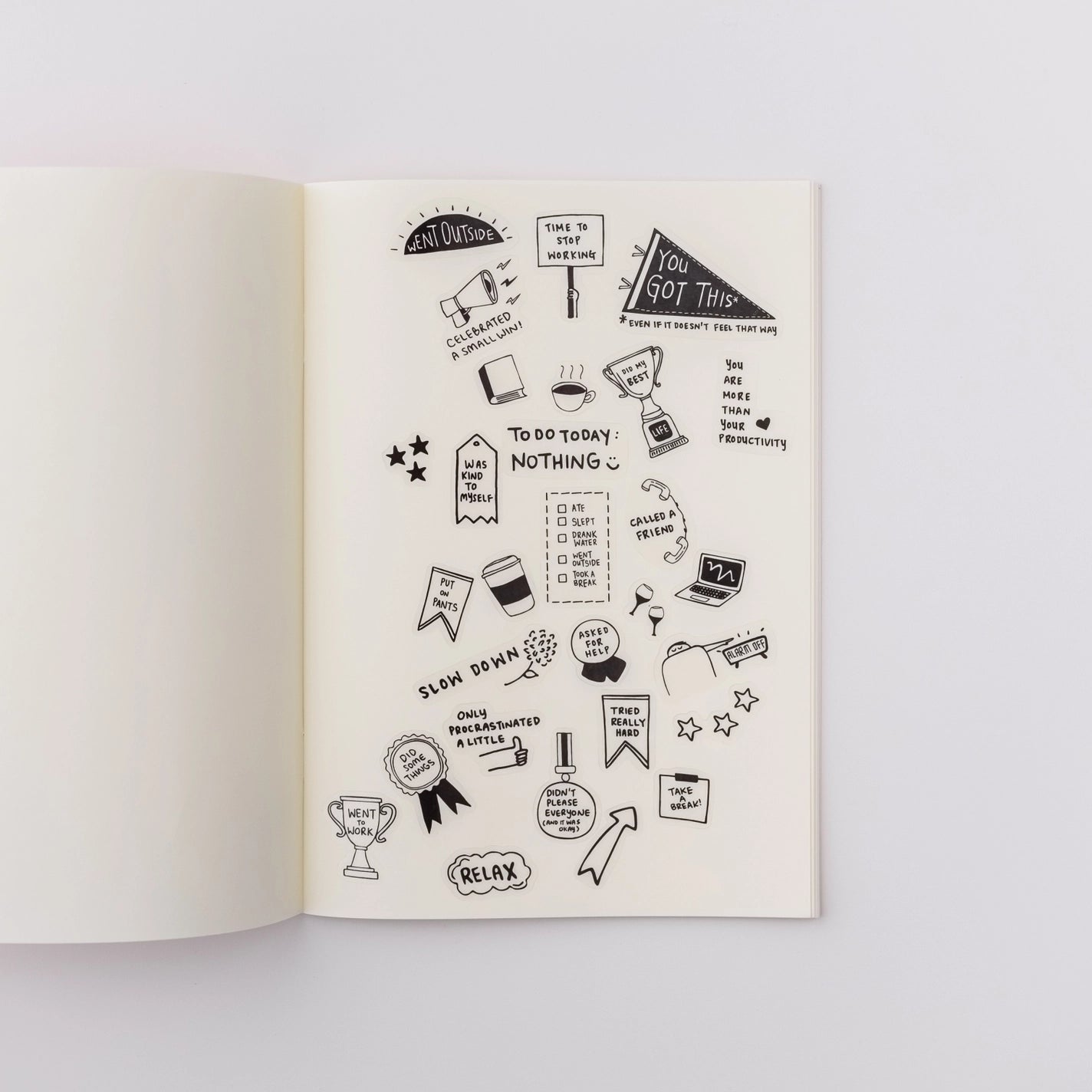 Inside view of a notebook with all the self care stickers adhered to the paper