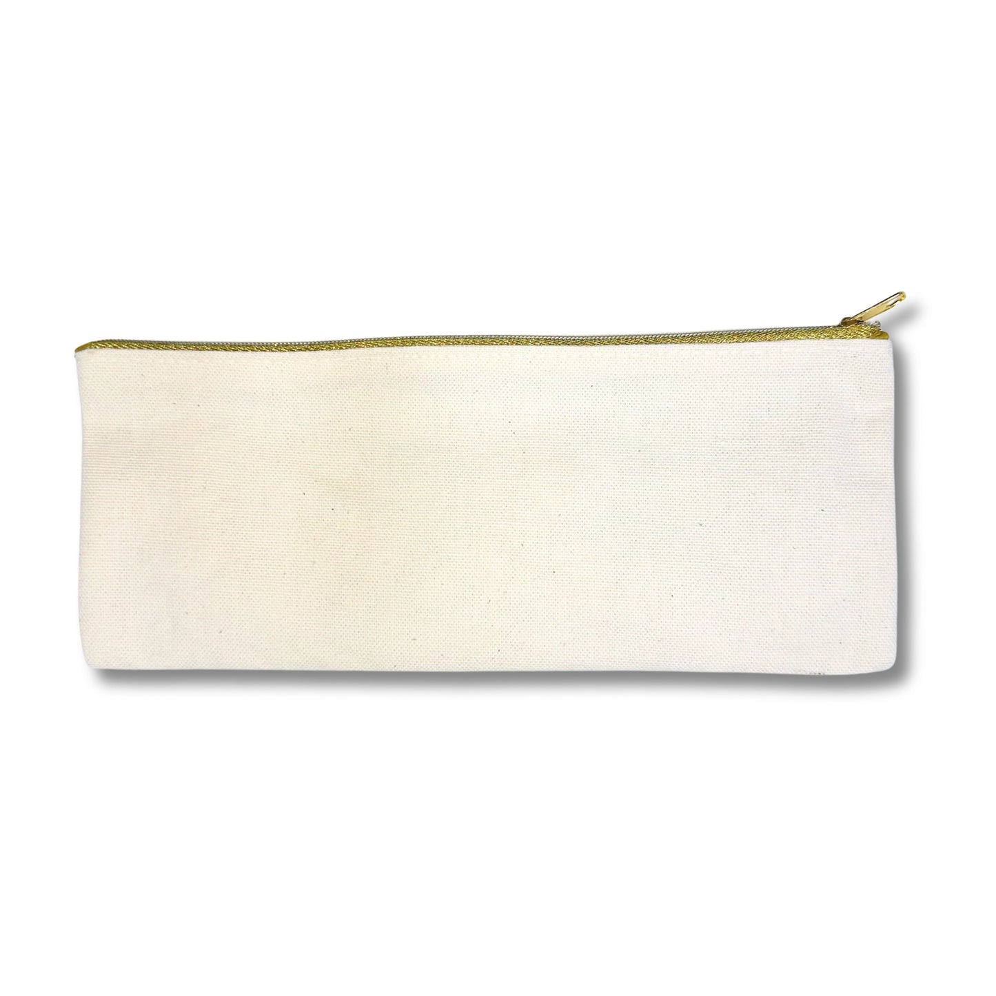 Back of a canvas pencil case with gold zipper