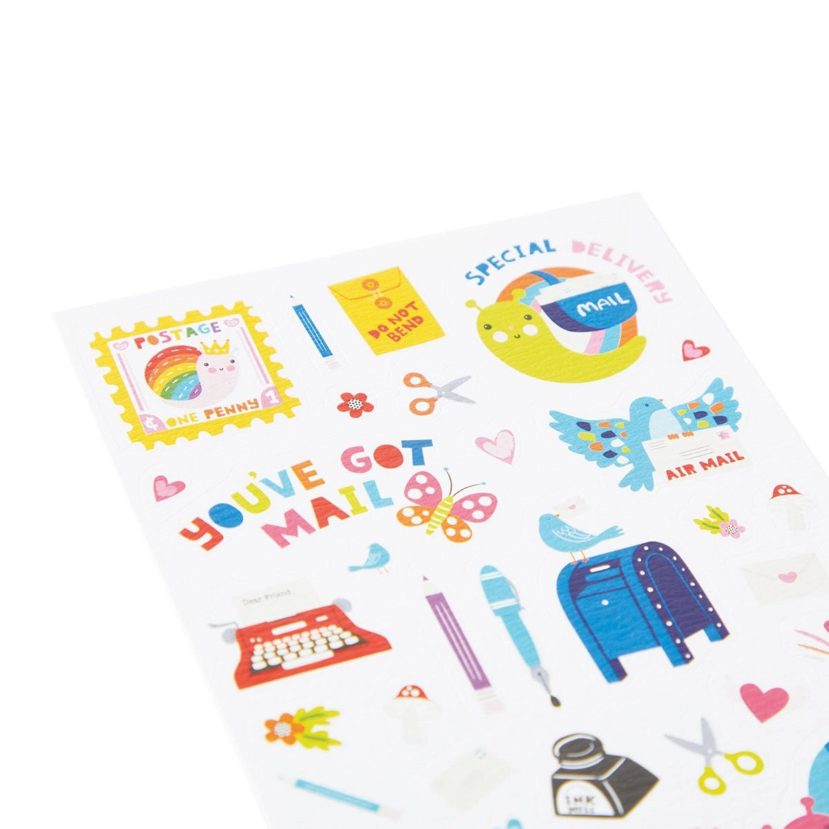 Sticker sheet with postal-themed illustrations on a white background