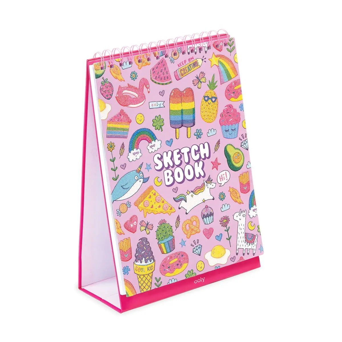 Pink sketchbook with colorful illustrations on a white background