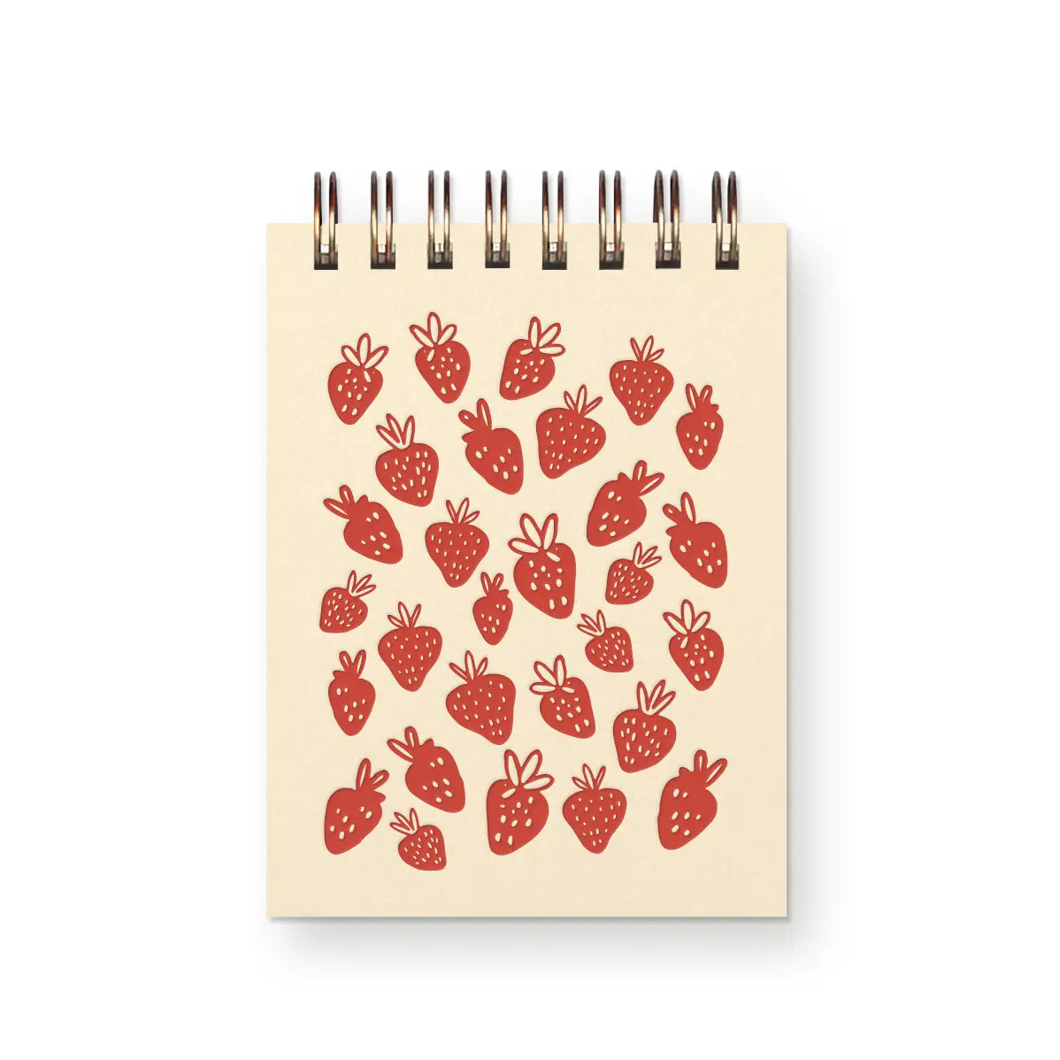 Front cover of top-spiral notebook. Cream color with red strawberry pattern
