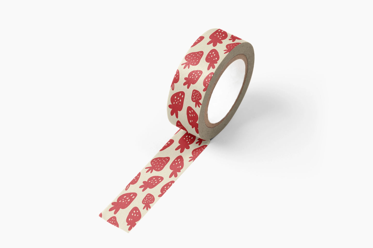 Roll of cream colored washi tape with red strawberry pattern