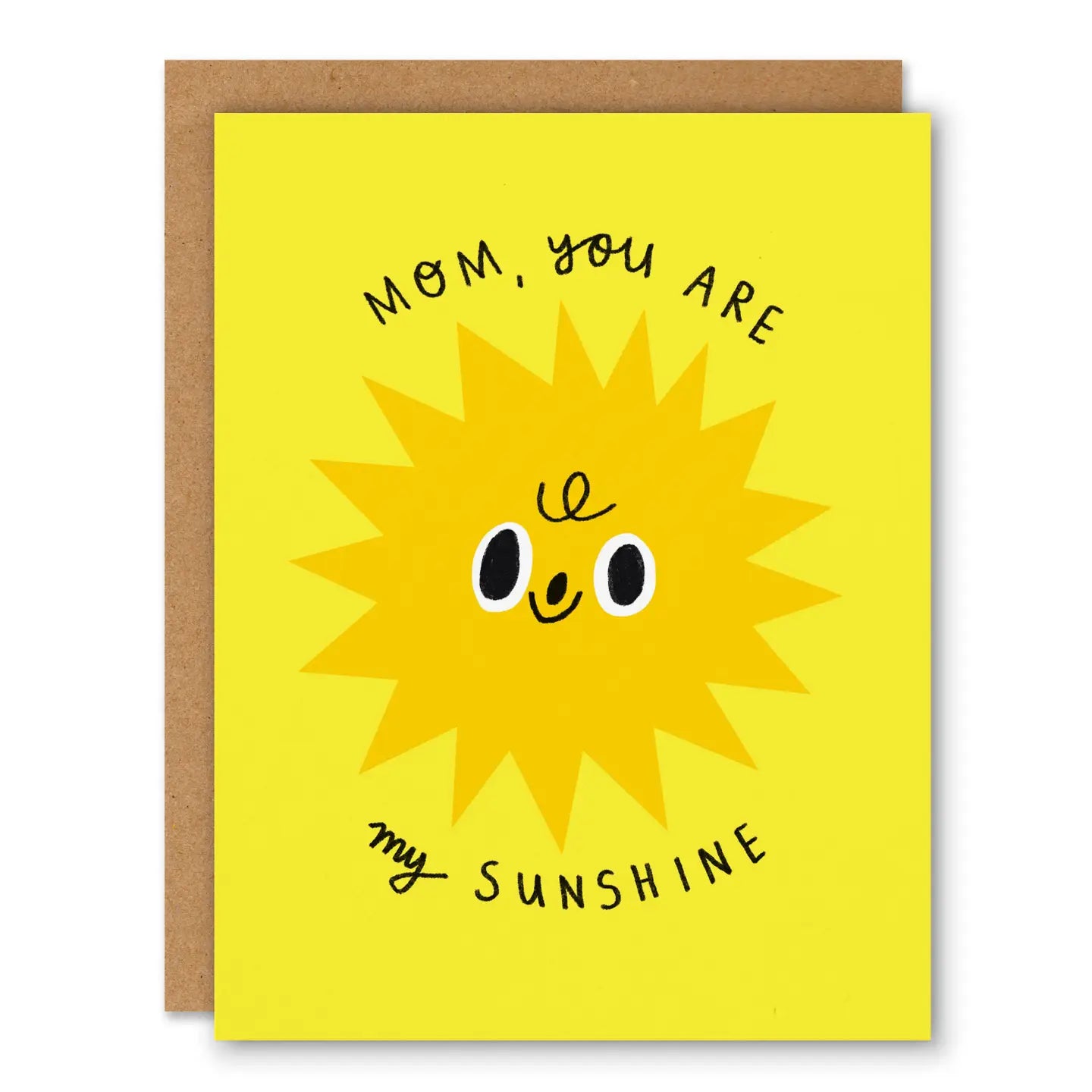 Greeting card with a sun illustration and text 'Mom, you are my sunshine' on a yellow background.