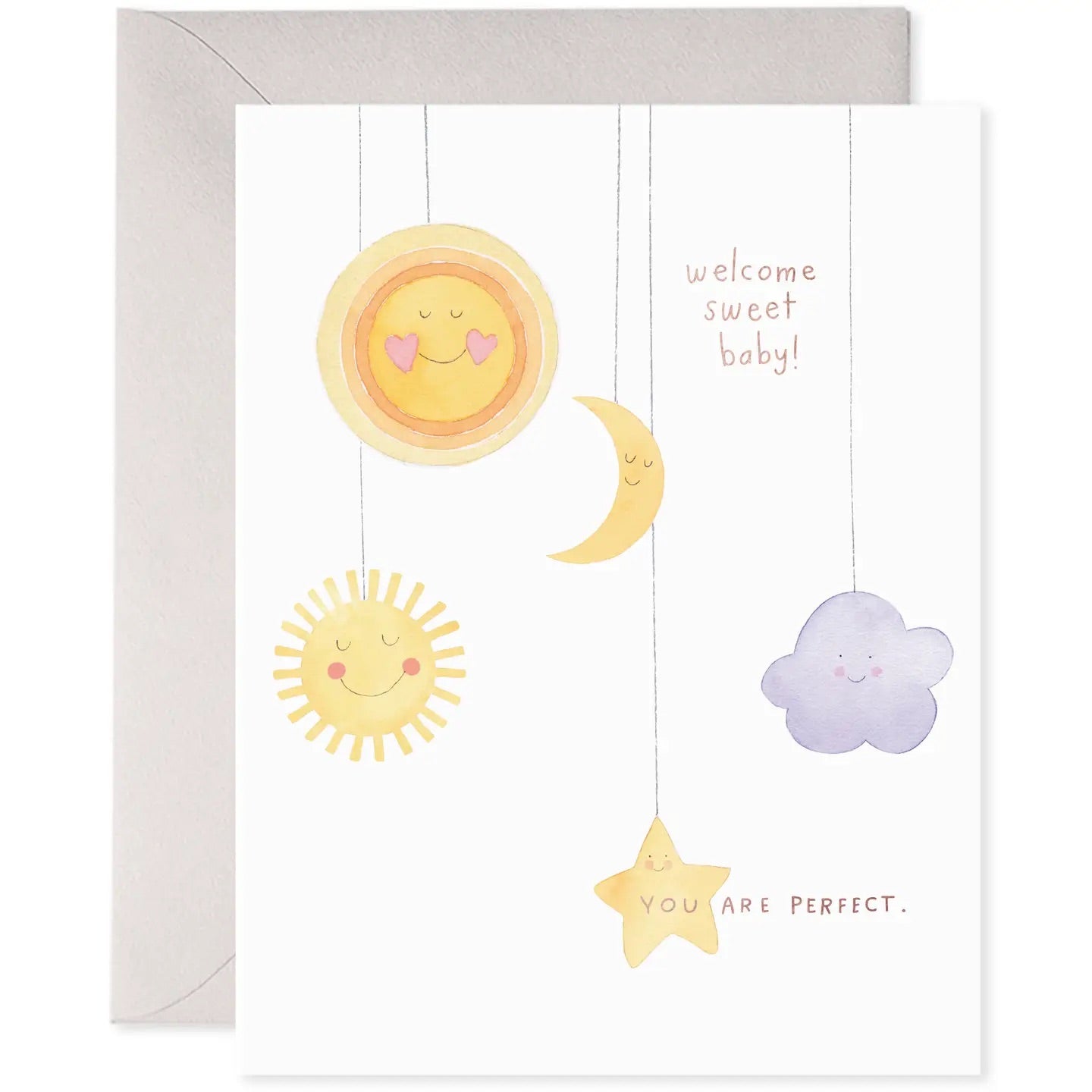 White greeting card with illustrations of a baby mobile. Text “welcome sweet baby. You are perfect”