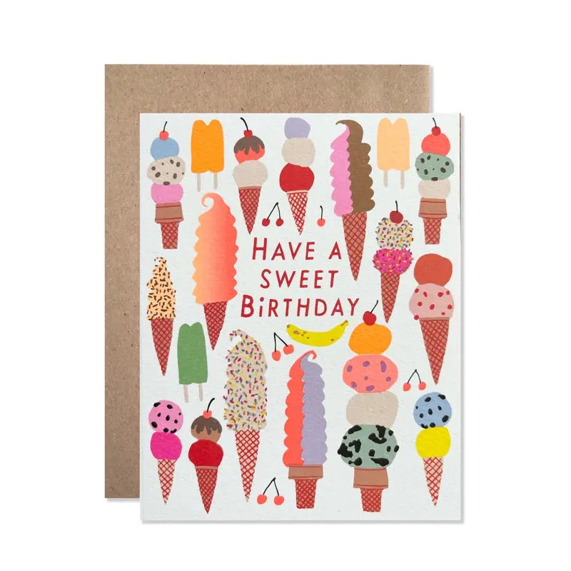 White greeting card with colorful ice cream illustrations. Red text “have a sweet birthday”