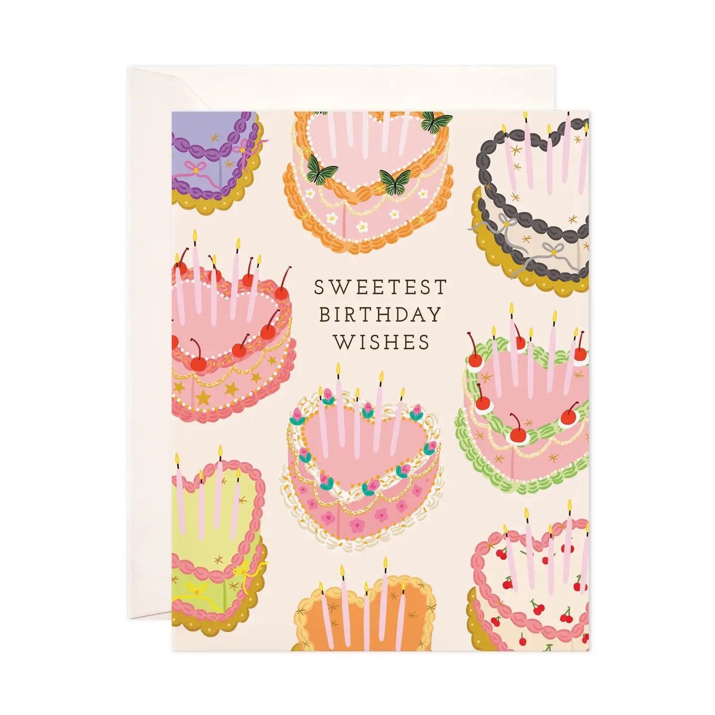 Greeting card with birthday cake illustrations and 'Sweetest Birthday Wishes' text