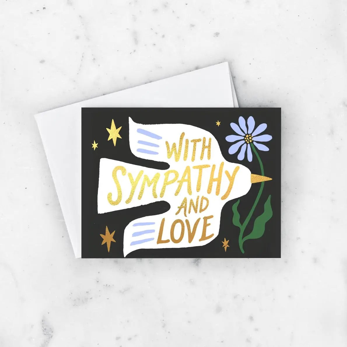 White greeting card with full color black background. Illustration of a white dove. Gold text "with sympathy and love"
