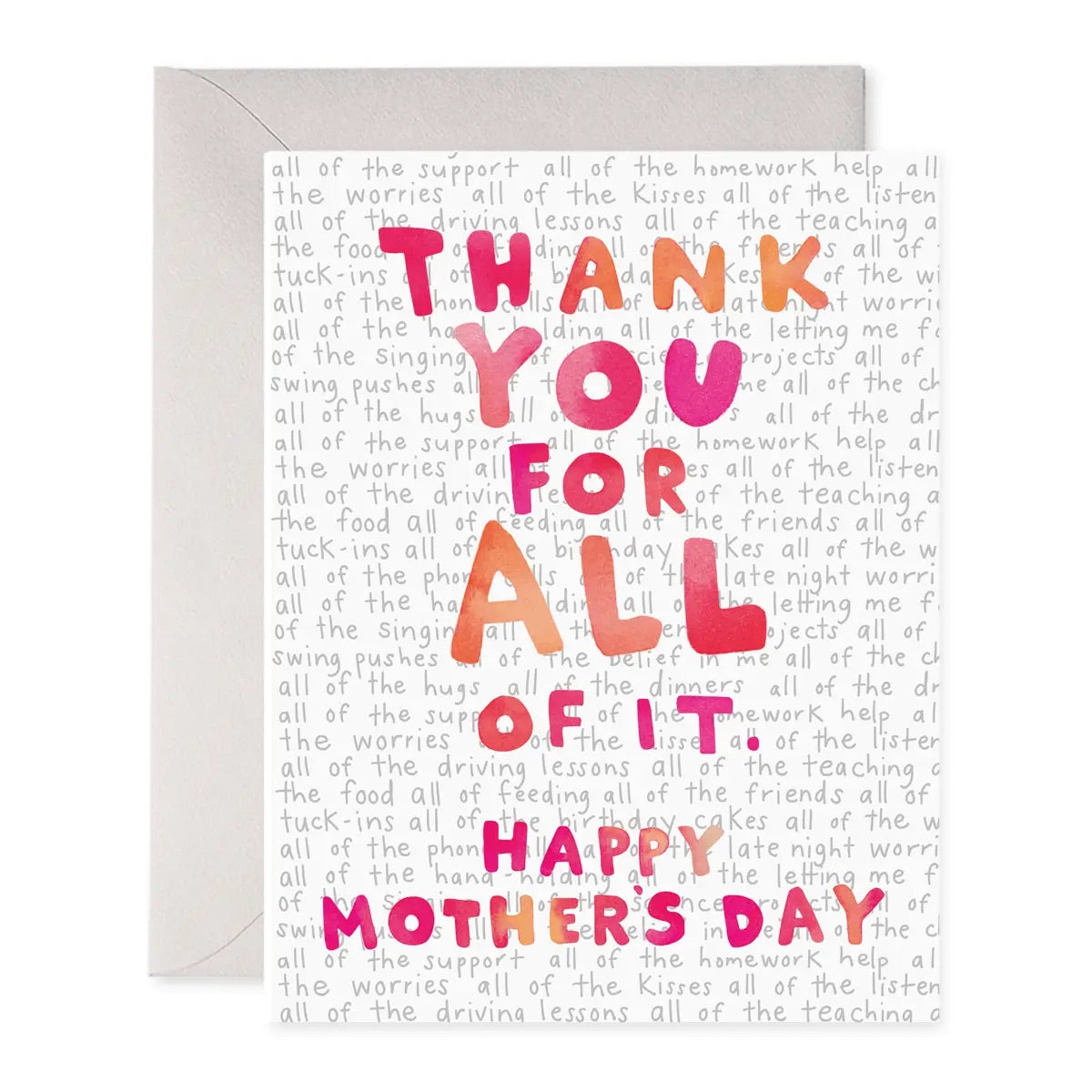 White greeting card with pink and orange block type “thank you for all of it. Happy Mother’s Day”