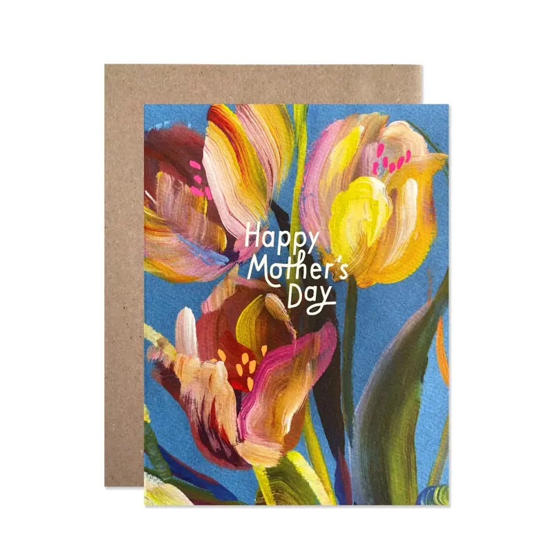 White greeting card with full color blue, red, pink, and yellow tulip design. White text “happy Mother’s Day”