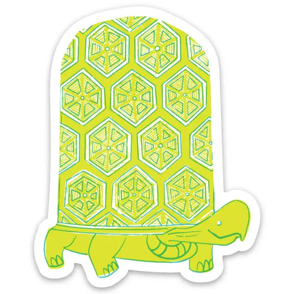 Sticker of a green turtle with geometric pattern on a white background