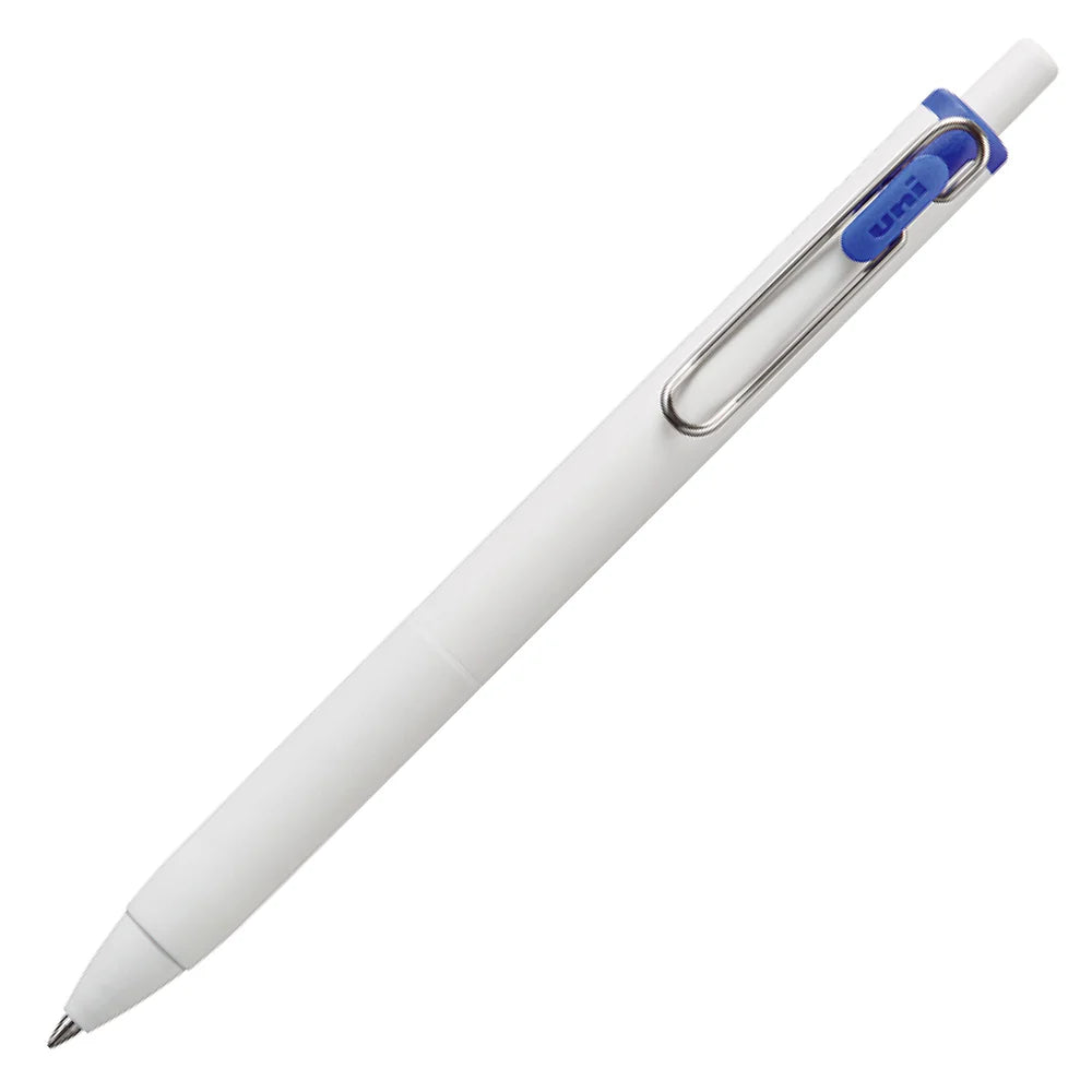 White pen with a blue clip on a white background