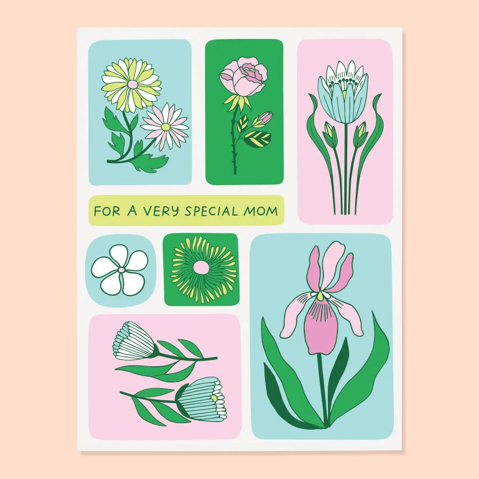 White greeting card with panels of flowers. Text: for a very special mom
