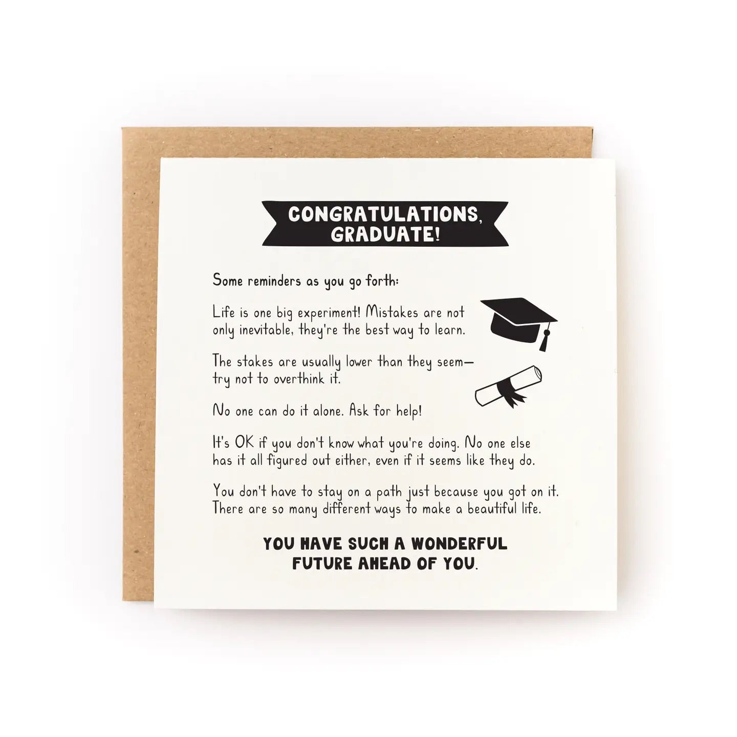 White card with illustrations of graduation cap and rolled diploma. Card text is in product description.