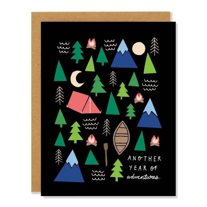 Greeting card with camping-themed illustrations and text on a black background