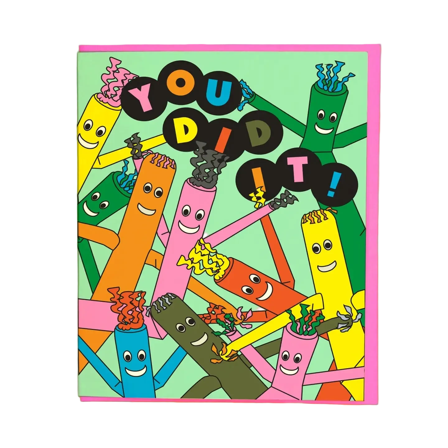 Greeting card featuring colorful illustrations of air dancers and text: you did it!