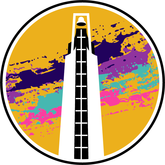 Mustard yellow circle coaster with a black and white drawing of a bell tower. Pink, navy, turqouise, and purple splotches behind the bell tower.