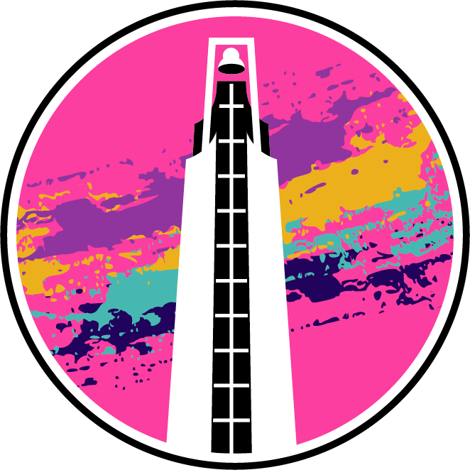 Pink circle coaster with a black and white drawing of a bell tower. Turqouise, navy, mustard, and purple splotches behind the bell tower.