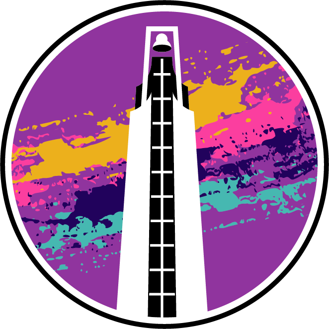 Purple circle coaster with a black and white drawing of a bell tower. Pink, navy, mustard, and turqouise splotches behind the bell tower.