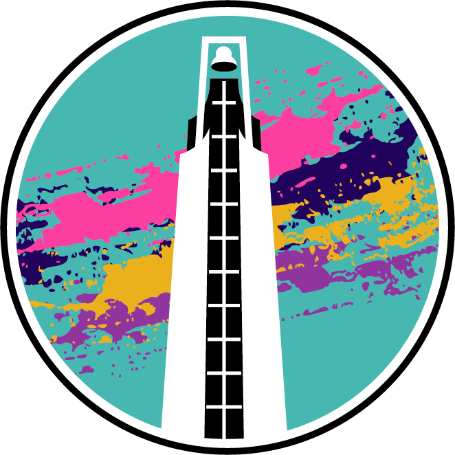 Turqouise circle coaster with a black and white drawing of a bell tower. Pink, navy, mustard, and purple splotches behind the bell tower.