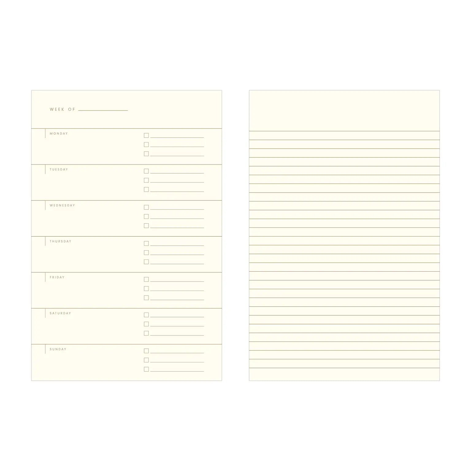Inside view of the notebook. Left-side pages have days of the week listed with three lines per day. Right-side pages are lined paper.