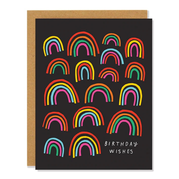 Black card with rainbows. White text reads "birthday wishes." Inside of card is white.