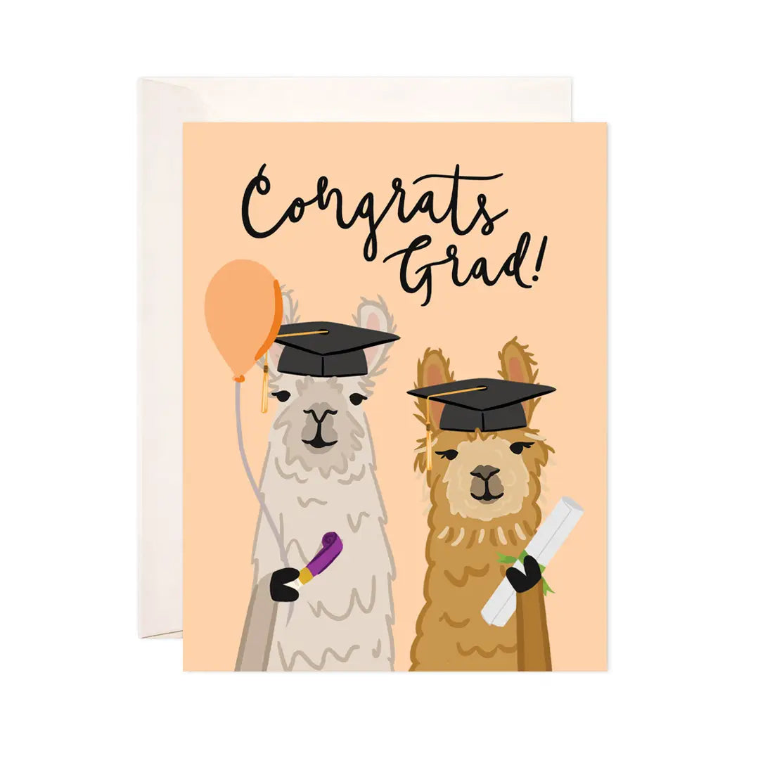 White card with orange background. Illustrations of llamas with diplomas and graduation caps. Black text reads "Congrats grad!"