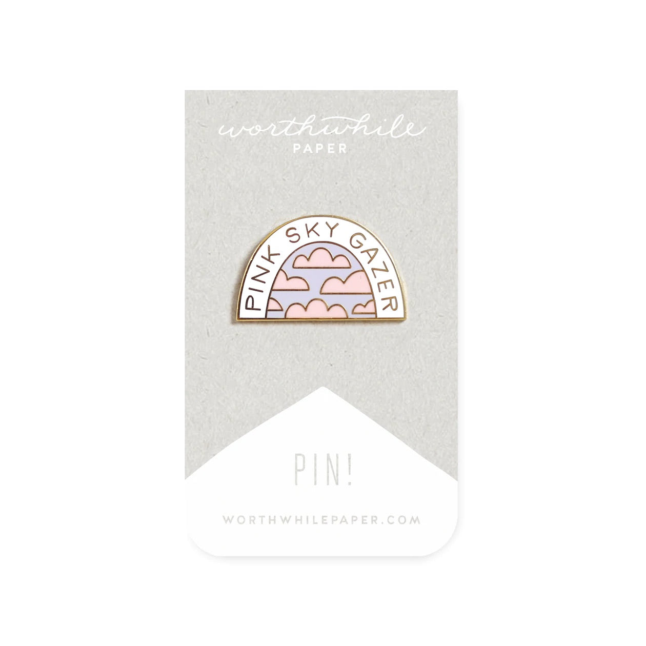 Pin with purple sky and pink clouds. Gold text reading "pink sky gazer"