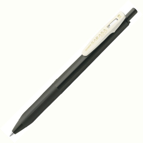 Retractable black pen with a black barrel and cream-colored clip. 