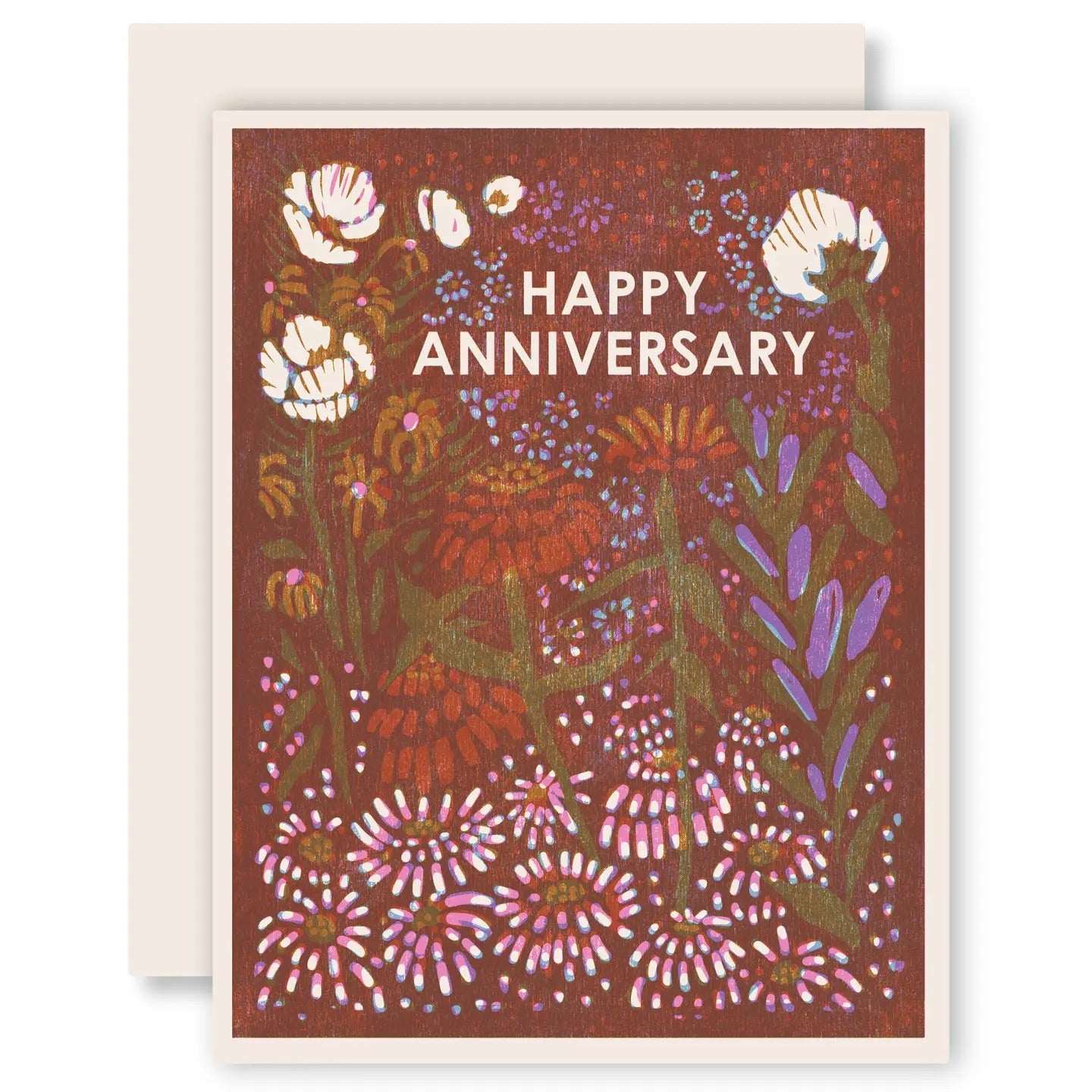 White greeting card with full color brown background and multicolor flowers. White text "happy anniversary" 