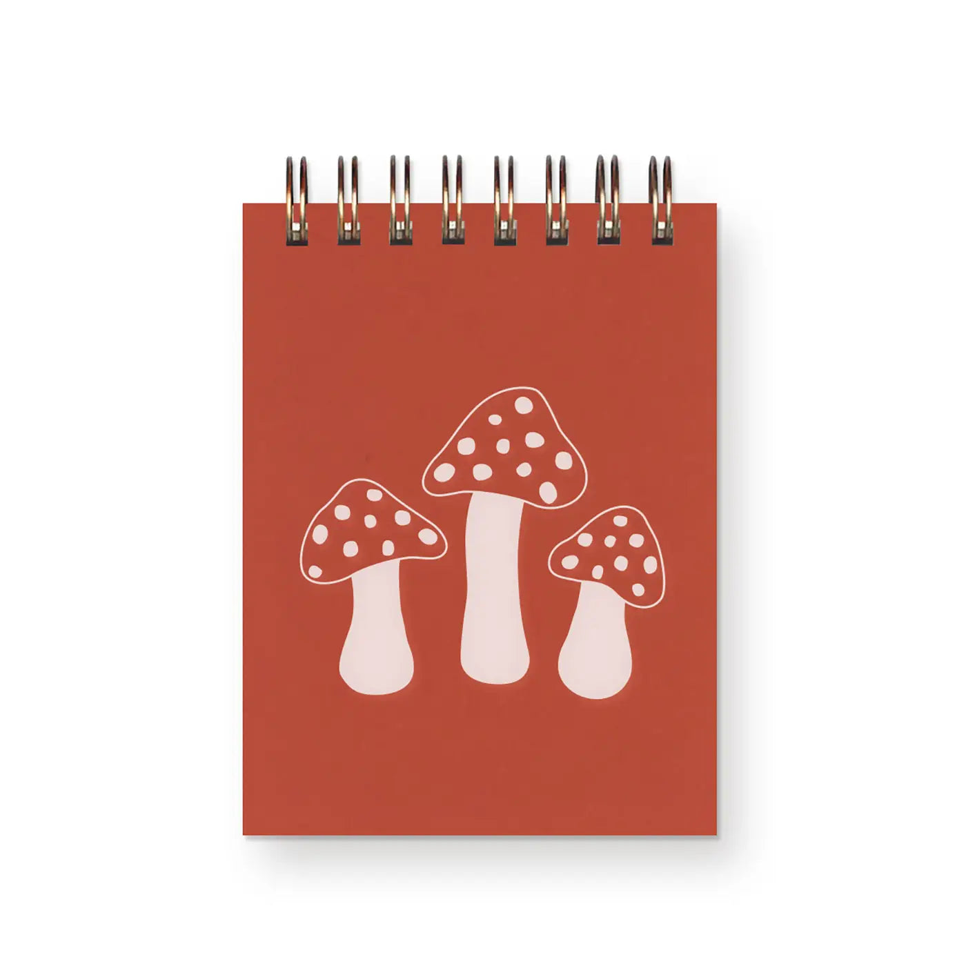 Front cover of top-spiral notebook. Red color with red and white mushroom pattern. 