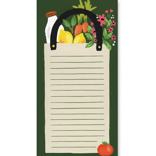 Notepad with dark green background. Lines are on an illustration of a grocery bag with groceries sticking out of it. 