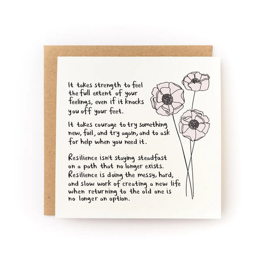 White card with three letterpress printed flowers. Black text on the strength to feel the full extent of your feelings. 