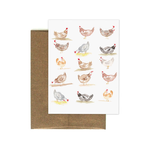 White greeting card with 15 watercolor chicken illustrations 